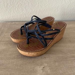 Sam Edelman Womens Reana Black Suede Cork Platform Flip Flop Wedge Heel Sandal 9